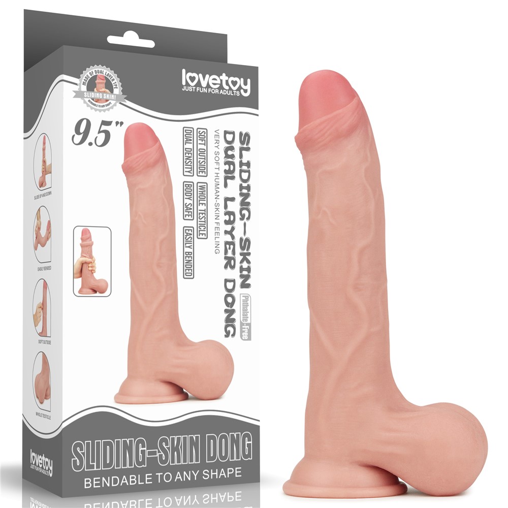 DONG 9.5'' SLIDING SKIN DUAL LAYER DONG - WHOLE TESTICL