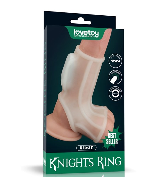VIBRATING RIDGE KNIGHTS RING WITH SCROTUM SLEEVE (WHITE)