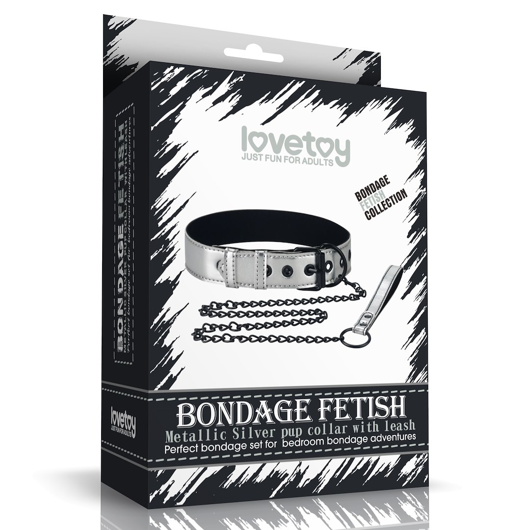 OBROŻA BONDAGE FETISH METALLIC PUP COLLAR WITH LEASH