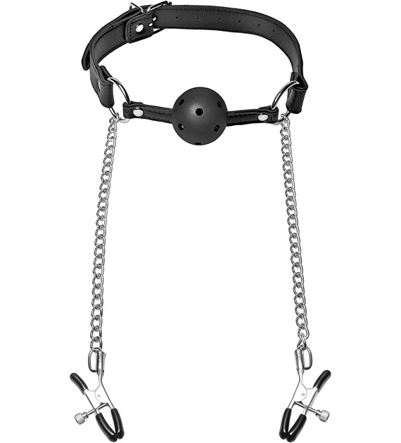 BALLGAG WITH NIPPLE CLAMPS BLACK PASSION LABS